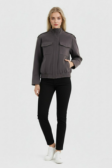 Victoria | Trendy Dark Gray Bomber Jacket with Stand Collar - Lumina 2