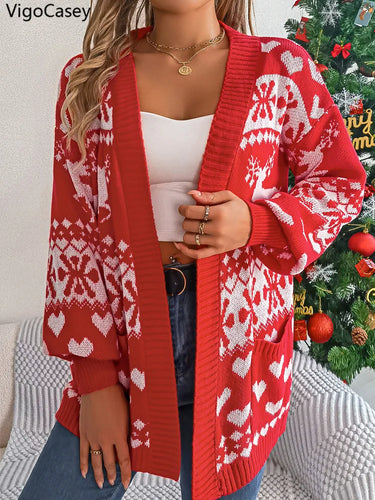 VigoCasey 2025 Autumn Print Christmas Sweater Cardigan Winter Women Casual Cardigan Lady Loose Long Sleeve Knitted Coat Outwears 0