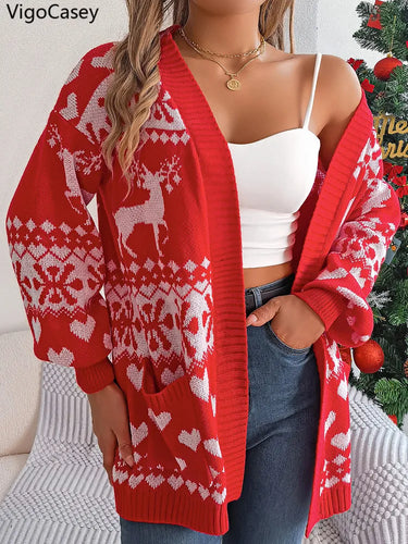 VigoCasey 2025 Autumn Print Christmas Sweater Cardigan Winter Women Casual Cardigan Lady Loose Long Sleeve Knitted Coat Outwears 1