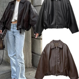 Vintage PU Leather Bomber Jackets 2025 Autumn New Ladies Zipper Lapel Long Sleeve Pocket Coat With Belt Women's Loose Streetwear 0