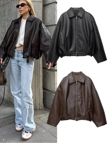 Vintage PU Leather Bomber Jackets 2025 Autumn New Ladies Zipper Lapel Long Sleeve Pocket Coat With Belt Women's Loose Streetwear 0