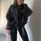 Vintage PU Leather Bomber Jackets 2025 Autumn New Ladies Zipper Lapel Long Sleeve Pocket Coat With Belt Women's Loose Streetwear 1
