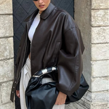 Vintage PU Leather Bomber Jackets 2025 Autumn New Ladies Zipper Lapel Long Sleeve Pocket Coat With Belt Women's Loose Streetwear 2