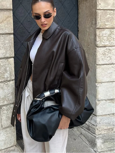 Vintage PU Leather Bomber Jackets 2025 Autumn New Ladies Zipper Lapel Long Sleeve Pocket Coat With Belt Women's Loose Streetwear 2