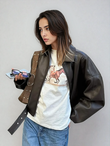 Vintage Faux Leather Bomber Jacket