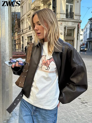 Vintage PU Leather Bomber Jackets 2025 Autumn New Ladies Zipper Lapel Long Sleeve Pocket Coat With Belt Women's Loose Streetwear 5