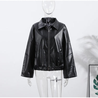 Vintage PU Leather Bomber Jackets 2025 Autumn New Ladies Zipper Lapel Long Sleeve Pocket Coat With Belt Women's Loose Streetwear 8