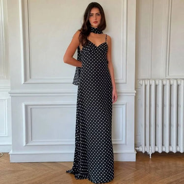 Vintage Y2k luxury polka dot V-neck long dress for women, elegant scarf, backless camisole long dress, women's evening gown 4