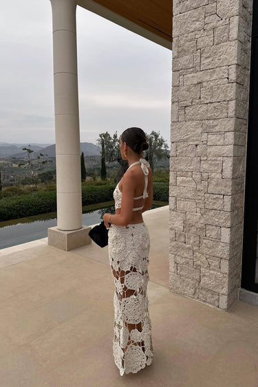 White Crochet Halter Neck Cut Out Maxi Dress 2