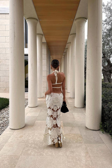 White Crochet Halter Neck Cut Out Maxi Dress 3