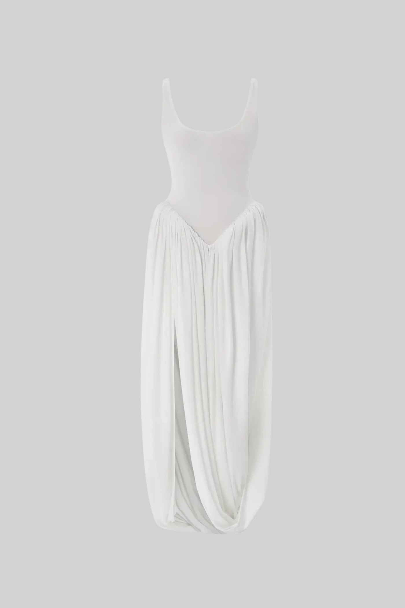 White Maxi Dress for Women with Draped Sculptural Skirt and Side Slit – Sleeveless Bodycon Long Dress 1