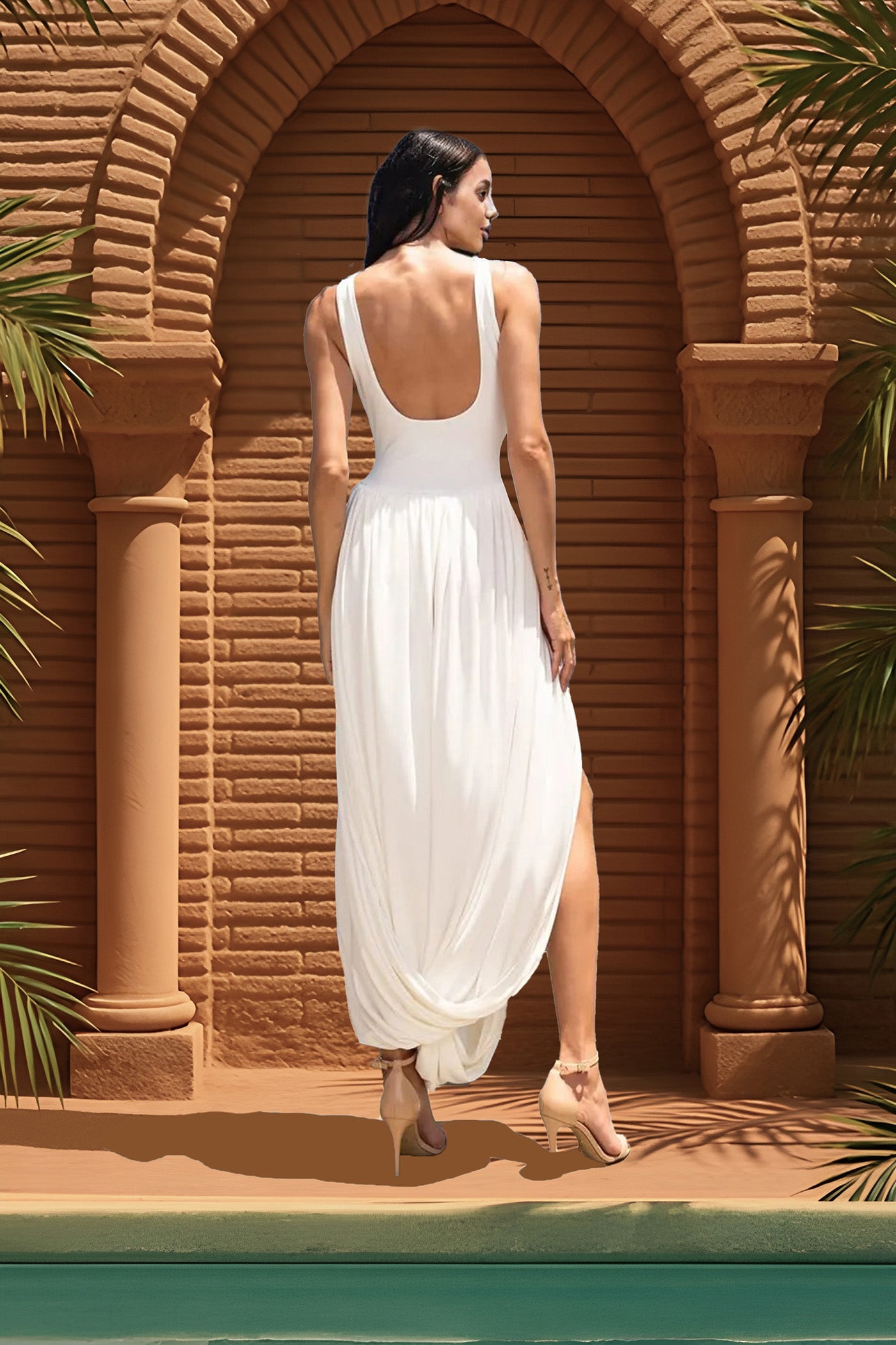 White Maxi Dress for Women with Draped Sculptural Skirt and Side Slit – Sleeveless Bodycon Long Dress 4