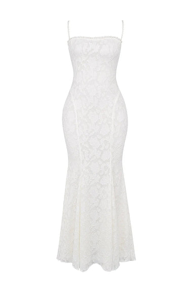 White Maxi Dress with Spaghetti Straps and Lace-Up Back – Elegant Long Dress for Summer Events 2