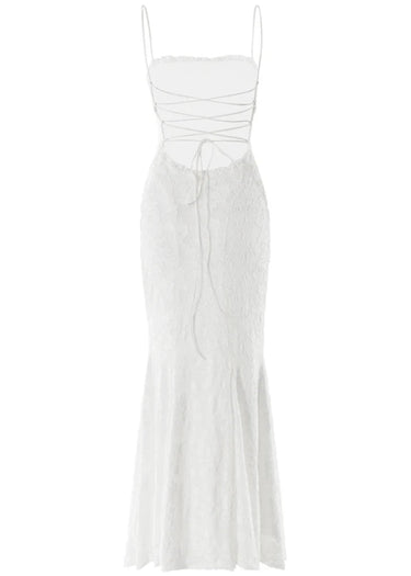 White Maxi Dress with Spaghetti Straps and Lace-Up Back – Elegant Long Dress for Summer Events 3