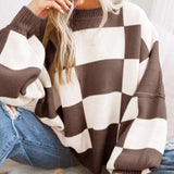 Women Checkerboard Knitted Sweater Autumn Korean Casual Warm Loose Long Sleeve Top Female Streetwear All Watch Jumper New 10