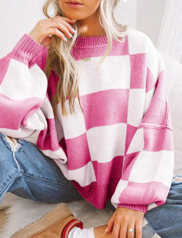Women Checkerboard Knitted Sweater Autumn Korean Casual Warm Loose Long Sleeve Top Female Streetwear All Watch Jumper New 7