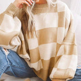 Women Checkerboard Knitted Sweater Autumn Korean Casual Warm Loose Long Sleeve Top Female Streetwear All Watch Jumper New 9