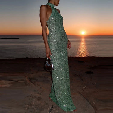 Women Fashion Shiny Sequins Slim Gowns Elegant Backless Hollow Out Wrap Hip Dress Summer Sexy Sleeveless Hight Waist Long Dress 0