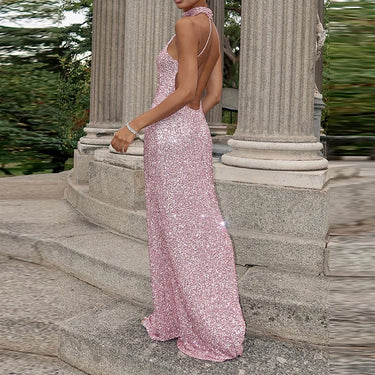 Women Fashion Shiny Sequins Slim Gowns Elegant Backless Hollow Out Wrap Hip Dress Summer Sexy Sleeveless Hight Waist Long Dress 3