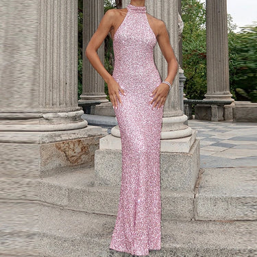 Women Fashion Shiny Sequins Slim Gowns Elegant Backless Hollow Out Wrap Hip Dress Summer Sexy Sleeveless Hight Waist Long Dress 6