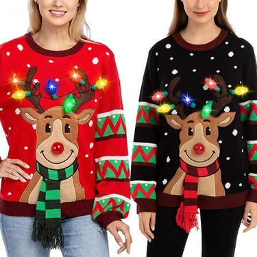 Women LED Light Up Holiday Sweater Christmas Cartoon Reindeer Knit Pullover Top 0