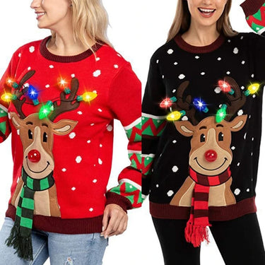 Women LED Light Up Holiday Sweater Christmas Cartoon Reindeer Knit Pullover Top 1