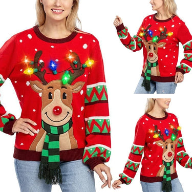 Women LED Light Up Holiday Sweater Christmas Cartoon Reindeer Knit Pullover Top 2