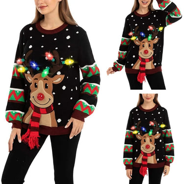 Women LED Light Up Holiday Sweater Christmas Cartoon Reindeer Knit Pullover Top 3
