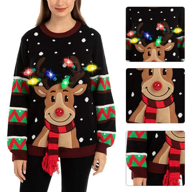 Women LED Light Up Holiday Sweater Christmas Cartoon Reindeer Knit Pullover Top 4
