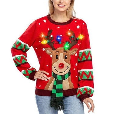Women LED Light Up Holiday Sweater Christmas Cartoon Reindeer Knit Pullover Top 6