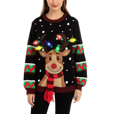 Women LED Light Up Holiday Sweater Christmas Cartoon Reindeer Knit Pullover Top 7