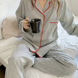 Women's 2-Piece Pyjama Set with Striped Button-Up Shirt and Trousers 1