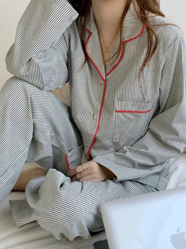 Women's 2-Piece Pyjama Set with Striped Button-Up Shirt and Trousers 4