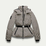 Women’s Beige Patterned Puffer Jacket – Belted, Water-Resistant, Insulated 0