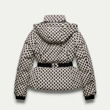 Women’s Beige Patterned Puffer Jacket – Belted, Water-Resistant, Insulated 1