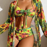 Women's Bikini Set with High-Waist Bottom and Matching Cover-Up 1