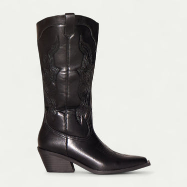 Women's Black Knee-High Western Boots with Pointed Toe and Embroidered Design 0