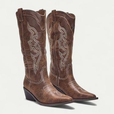 Women's Black Knee-High Western Boots with Pointed Toe and Embroidered Design 1