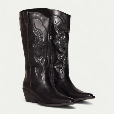 Women's Black Knee-High Western Boots with Pointed Toe and Embroidered Design 4
