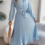 Women's Chic Pleated Midi Dress with Belted Waist 0