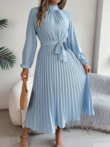 Women's Chic Pleated Midi Dress with Belted Waist 0