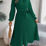 Women's Chic Pleated Midi Dress with Belted Waist 2