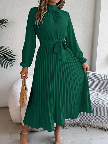 Women's Chic Pleated Midi Dress with Belted Waist 2