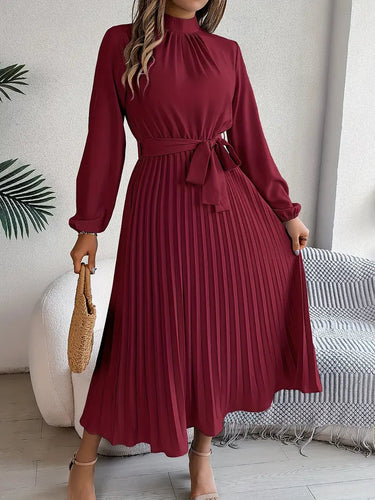 Women's Chic Pleated Midi Dress with Belted Waist 4