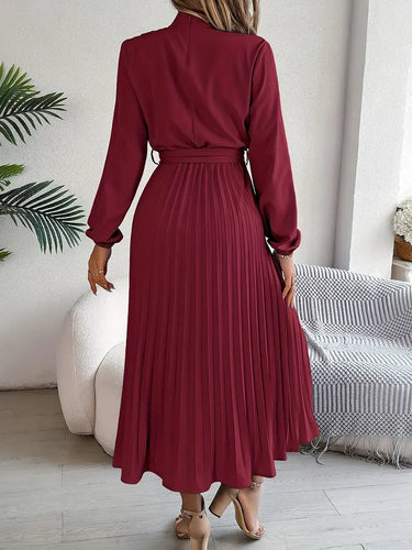 Women's Chic Pleated Midi Dress with Belted Waist 5