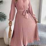 Women's Chic Pleated Midi Dress with Belted Waist 6