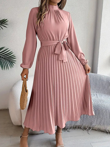 Women's Chic Pleated Midi Dress with Belted Waist 6