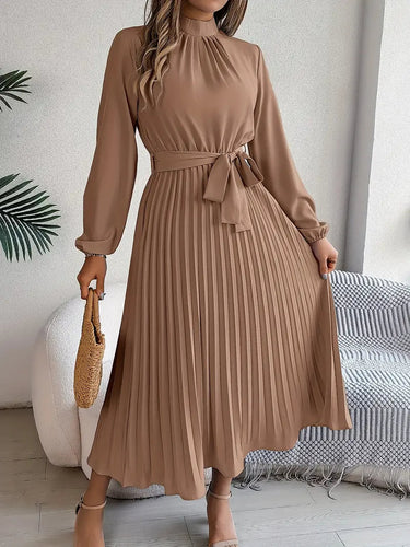 Women's Chic Pleated Midi Dress with Belted Waist 8