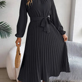 Women's Chic Pleated Midi Dress with Belted Waist 9