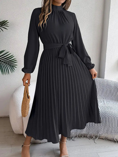 Women's Chic Pleated Midi Dress with Belted Waist 9